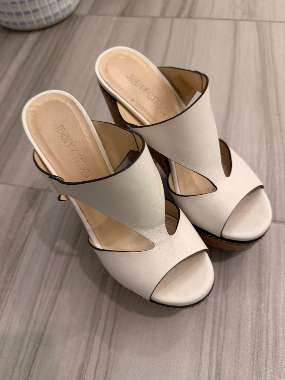 Jimmy Choo Ivory Cutout Leather Platform Mules
